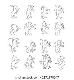 Heraldic animal set linear style. Panther, camel. Goat, Hydra and Enfield. Fox, wolf and Alphyn. Deer, camel and Yale. Salamndra, goat and Amphiptere. Fantastic Beast. Monster  coat of arms.  