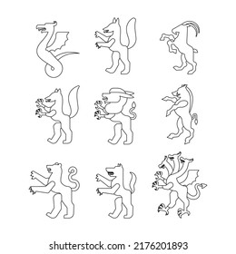 Heraldic animal set linear style. Panther, camel. Goat, Hydra and Enfield. Fox, wolf and Alphyn. Deer, camel and Yale. Salamndra, goat and Amphiptere. Fantastic Beast. Monster for coat of arms.  