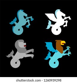 Heraldic animal set. Sea-lion and hippocampus. Sea griffin and Sea pegasus. Fantastic Beast. Monster for coat of arms. Heraldry design element.