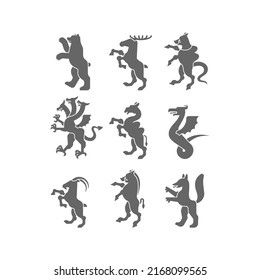 Heraldic animal set silhouette. Panther, camel. Goat, Hydra and Enfield. Fox, wolf and Alphyn. Deer, camel and Yale. Salamndra, goat and Amphiptere. Fantastic Beast. Monster for coat of arms
