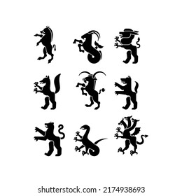 Heraldisches Tierset Silhouette. Panther, Kamel. Ziege, Hydra und Enfield. Fox, Wolf und Alphyn. Hirsch, Kamel und Yale. Salamndra, Ziege und Amphiptere. Fantastisches Biest. Monster für das Wappen. Heralin