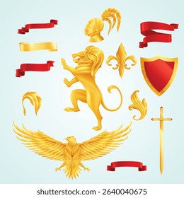 Heraldic animals decorative elements set realistic isolated vector illustration feather background medieval frame premium eagle elegance stylized golden identity