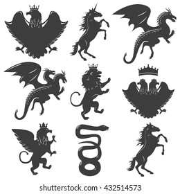 Heraldic animals decorative graphic icons set with horse lion dragon snake eagle crown unicorn isolated vector illustration