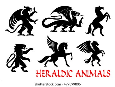 Heraldic animals icons. Griffin, Dragon, Lion, Pegasus, Horse outline silhouettes for tattoo, heraldry or tribal shield emblems. Fantastic mythical creatures. Vector graphic elements