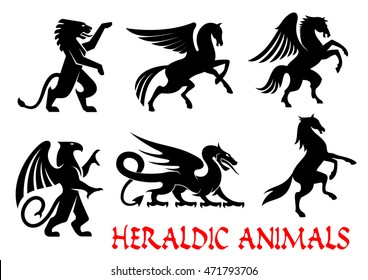 Heraldic Animals Icons. Pegasus, Griffin, Dragon, Lion, Horse, Unicorn Outline Silhouettes For Tattoo, Heraldry Or Tribal Shield Emblem. Fantasy Gothic Mythical Creatures. Vector Graphic Elements