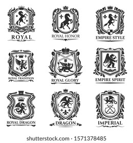 Heraldic animals, royal heraldry shields with dragons and Medieval creatures. Vector Pegasus horse and lion, imperial crown and heraldic fleur de lis coat of arms and emblems, gryphon or griffin eagle