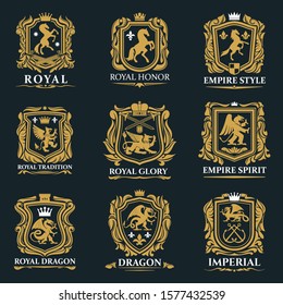 Heraldic animals, royal heraldry shields with Pegasus horse, Griffin lion and Medieval crowns. Vector imperial heraldic fleur de lis coat of arms and emblems, gryphon or griffon eagle