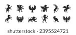 Heraldic animals set. Animals elements  for Coat of Arms design. Heraldic symbols. Heraldic symbol. Dragon, Goat, Phoenix, Lion, Eagle, Raven, Griffin, Horse silhouettes. Vector illustration. 