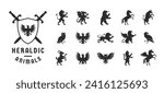 Heraldic animals set. Animals elements  for Coat of Arms, Crest design. Heraldic symbols. Dragon, Goat, Owl, Lion, Eagle, Raven, Griffin, Cat, Horse, Bear silhouettes. Vector illustration. 