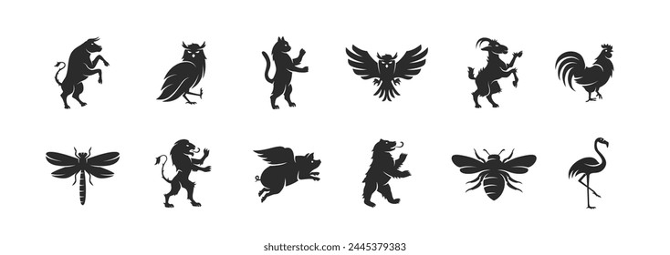 Heraldic animals set. Animals elements for Coat of Arms design.  Bull, Owl, Goat, Lion, Bear, Piggy, Cat, Bee silhouettes. Vector illustration. 