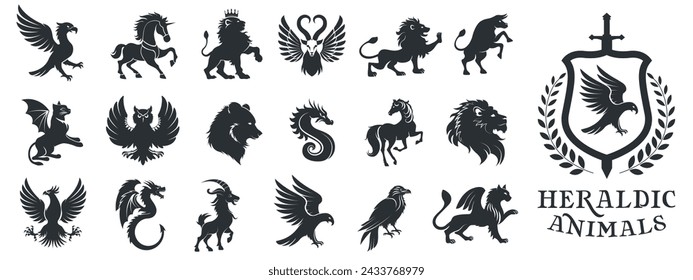 Heraldische Tiere gesetzt. Tierische Elemente für heraldische Symbole. Vektorgrafik.