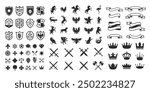 Heraldic Animals, shields logos, retro ribbons, luxury logo symbols, crown and swords icons. Heraldic Crest Logos elements set. Vector illustration