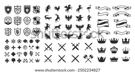 Heraldic Animals, shields logos, retro ribbons, luxury logo symbols, crown and swords icons. Heraldic Crest Logos elements set. Vector illustration