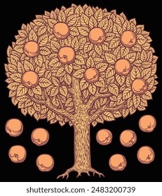 Heraldic apple tree with apples. Editable hand drawn illustration. Vector vintage engraving. Isolated on black background. 8 EPS