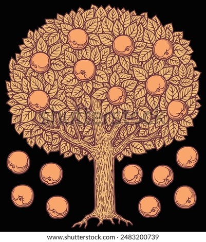 Heraldic apple tree with apples. Editable hand drawn illustration. Vector vintage engraving. Isolated on black background. 8 EPS