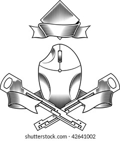 The heraldic arms with the computer mouse and keys. Black and white vector illustration.