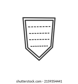 Heraldic arrow shape banner isolated retro message or information notice board in doodle style. Vector tab down arrow with text dashes, vintage emblem badge, protection shield symbol