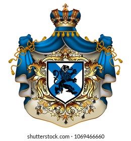 Heraldic background with a blue ermine royal mantle with a crown and shield