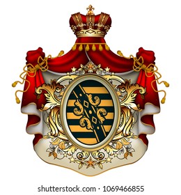 Heraldic background with a red ermine royal mantle with a crown and shield