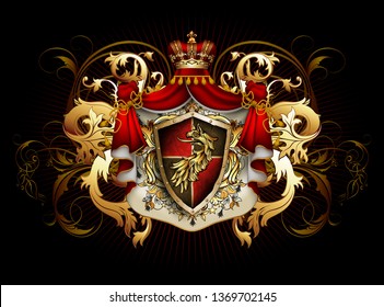 Heraldic background with a red ermine royal mantle with a crown and shield.  3D vector. High detailed realistic illustration