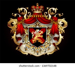 Heraldic background with a red ermine royal mantle with a crown and shield.  3D vector. High detailed realistic illustration
