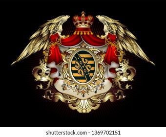 Heraldic background with a red ermine royal mantle with a crown and shield.  3D vector. High detailed realistic illustration