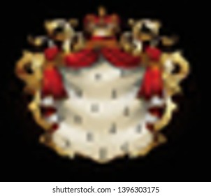 Heraldic background with a red ermine royal mantle with a crown and shield.  3D vector. High detailed realistic illustration