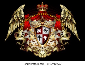 Heraldic background with a red ermine royal mantle with a crown and shield.  3D vector. High detailed realistic illustration