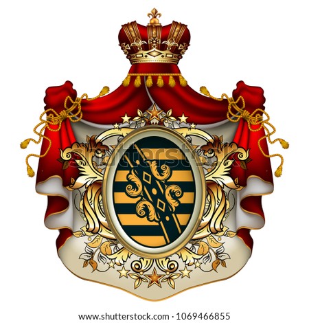 Heraldic background with a red ermine royal mantle with a crown and shield