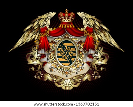 Heraldic background with a red ermine royal mantle with a crown and shield.  3D vector. High detailed realistic illustration