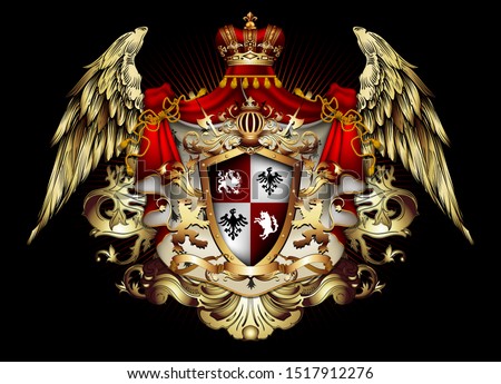 Heraldic background with a red ermine royal mantle with a crown and shield.  3D vector. High detailed realistic illustration