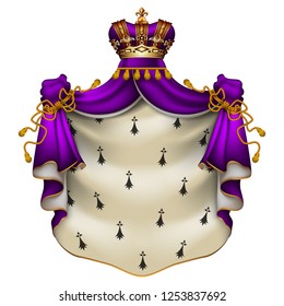 Heraldic background with a violet ermine royal mantle with a crown