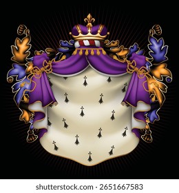 Fundo heráldico com um manto real de arminho violeta e uma coroa