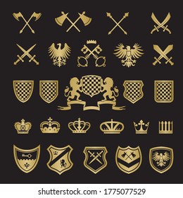 Heraldic badges  Medieval stylized shapes swords shields crowns lions   knight ribbons for vector labels design projects