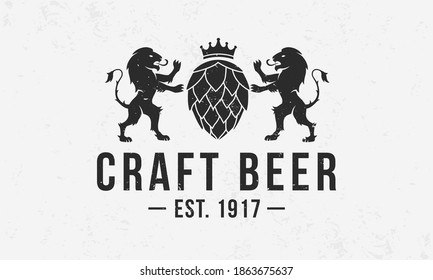 Heraldic beer monogram. Vintage Craft Beer logo with hop and lions silhouettes. Beer Crest with grunge texture. Poster design for bar, pub, restaurant. Vector illustration