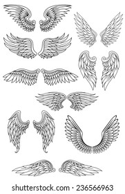 Heraldic Bird Or Angel Wings Set Isolated On White For Religious, Tattoo Or Heraldry Design
