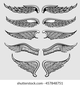 Heraldic bird, angel wings vector set. Wings angel tattoo, 