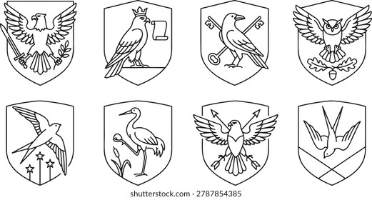 Heraldic bird crests and shields featuring eagles and falcons