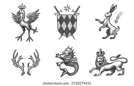 Heraldic bird, rabbit or hare and lion with horns for coat of arms design and shield. Hand drawn engraving in old traditional medieval style, modern made element for family symbols and logo templates