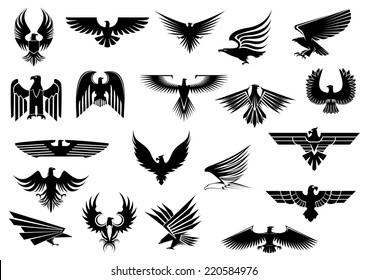 Heraldic black eagles, falcons and hawks set spread wings, isolated on white background
