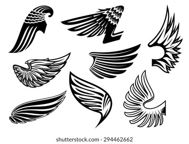 Heraldic black and white angel or evil wings with different shapes and plumage