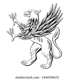 The heraldic black and white griffin stands on its hind legs