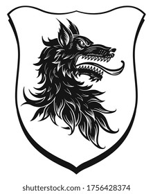 Heraldic black wolf head on shield. Vector illustration.