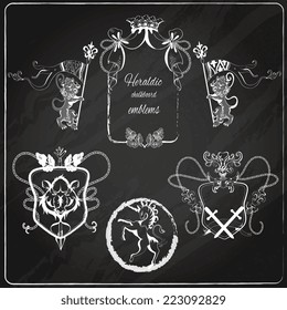 Heraldic chalkboard crest shield and insignia emblems set with swords lions unicorns isolated vector illustration