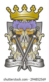 Heraldic coat of arms. Below parchment written in Latin: Prudentia e Audacia. On the middle two crossed swords. Flower and leaves Renaissance.