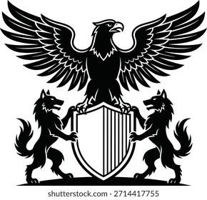 Brasão heráldico de armas com águia negra espalhando asas e dois lobos segurando escudo vetor ilustração