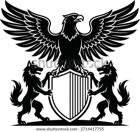 Heraldic coat of arms with black eagle spreading wings and two wolves holding shield vector illustration