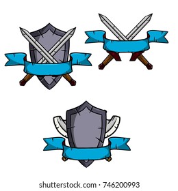 heraldic coat of arms - a blue shield with a crossed axe and spear and ribbon