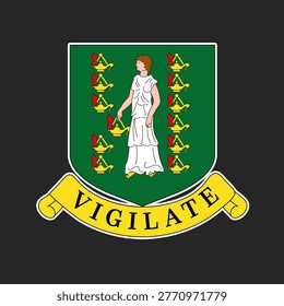 The heraldic coat of arms of the British Virgin Islands featuring Saint Ursula and 11 lamps on a green shield with the motto Vigilate. Ideal for Caribbean heritage projects.