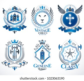 Heraldic Coat of Arms created with vintage vector elements, animals, towers, crowns and stars. Classy symbolic emblems collection, vector set.